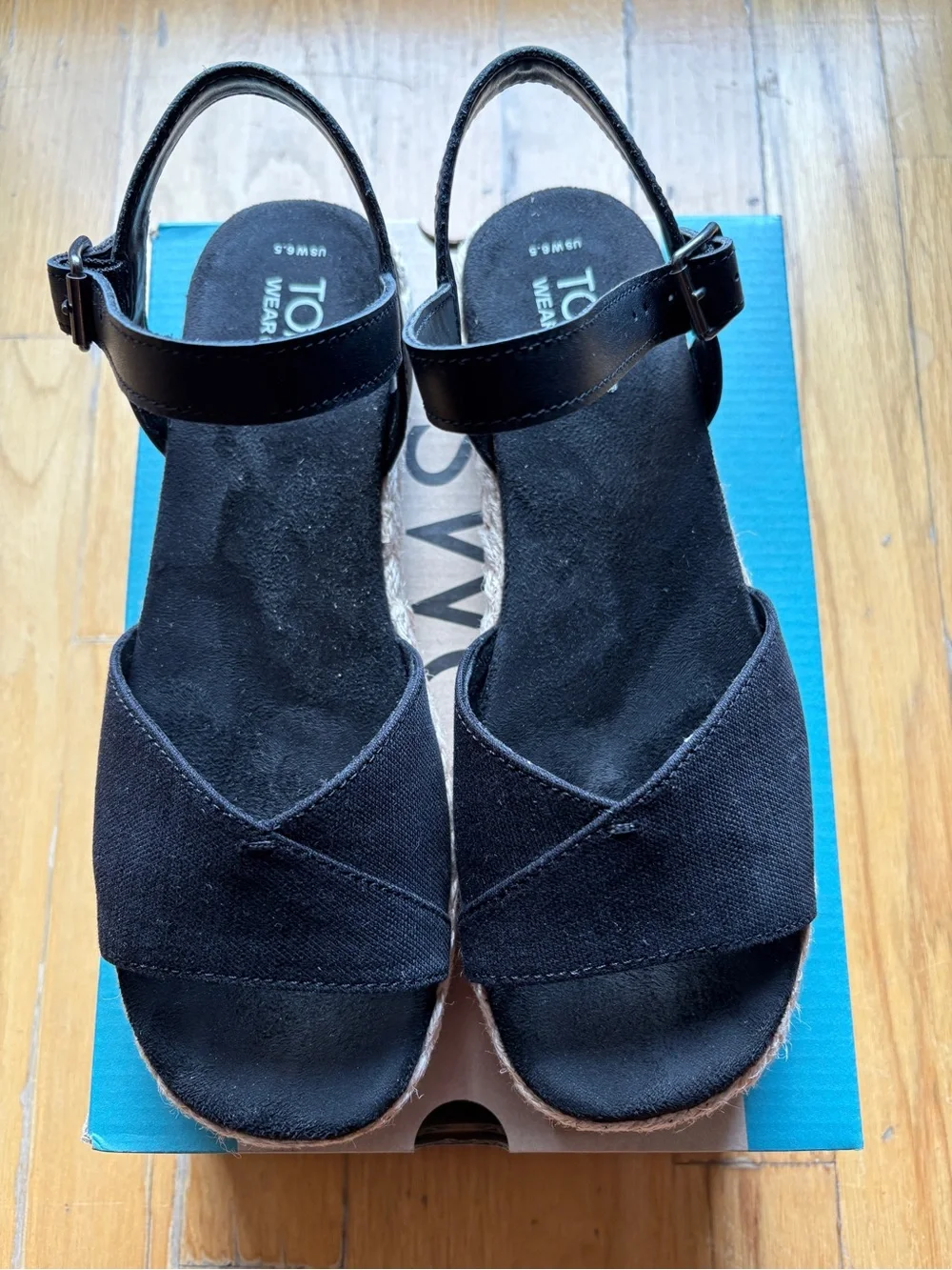 Toms Black Canvas Espadrille Wedge Sandals with Ankle Strap